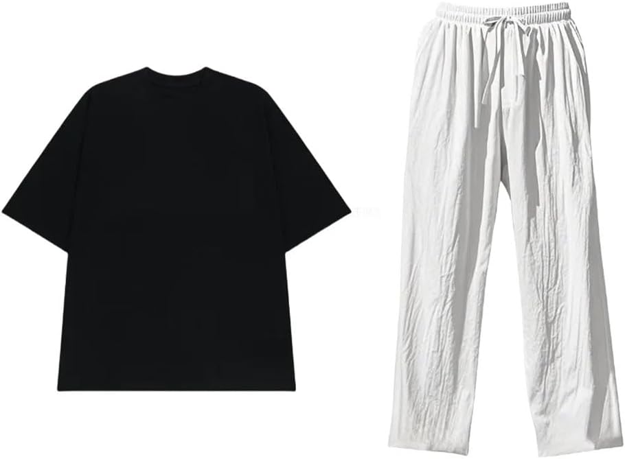 Men's Cotton and Linen Short-Sleeved Trousers Suit Large-Size