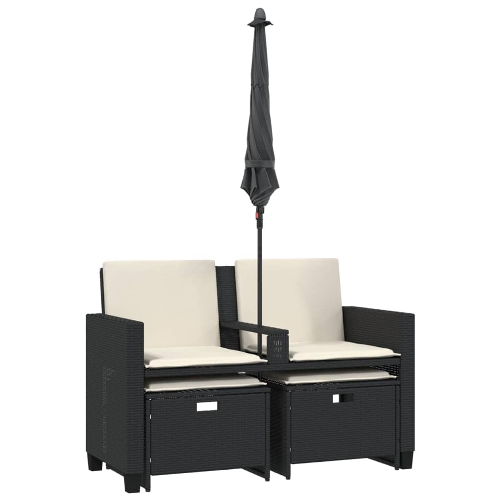 2-os. sofa ogrodowa z parasolem i stołkami, czarna, polirattan, komplet mebli tarasowych z poduszkami, stabilna stalowa rama, regulowany parasol, składane podnóżki, do na warunki atmosferyczne