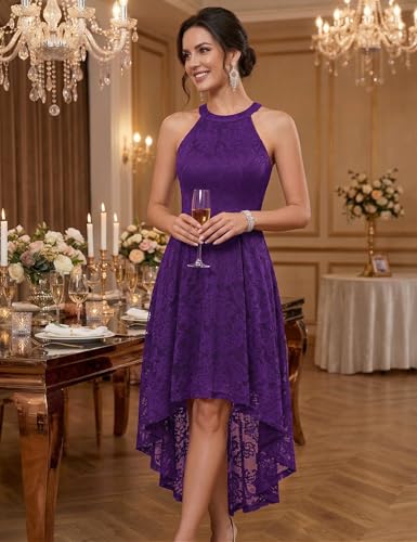 Image of Dressystar Women Halter Lace Wedding Guest Dress Hi-Lo Cocktail Party Bridesmaid Formal Dresses