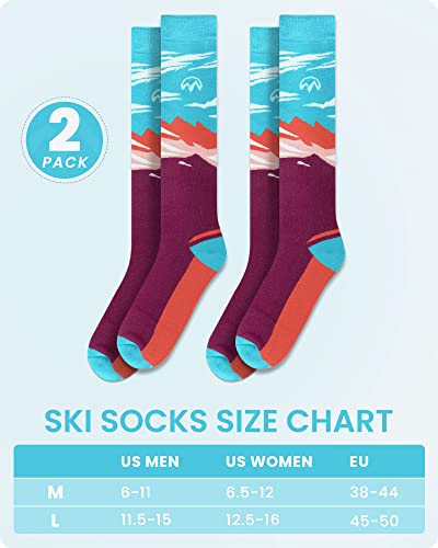 Outdoormaster Ski Socks, 2-Pair Pack Skiing And Snowboarding Thermal Socks For Women With Over The Calf Design W/Non-Slip Cuff, Mountain Patterns - Henna, Medium #TOP5