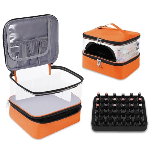 Beloving Clear Nail Polish Organizer, Double-Layer Nail Polish Bag Organizer Case Holds 30 Bottles and Nail Dryer, Nail Organizers and Storage for Manicure Tools-Orange
