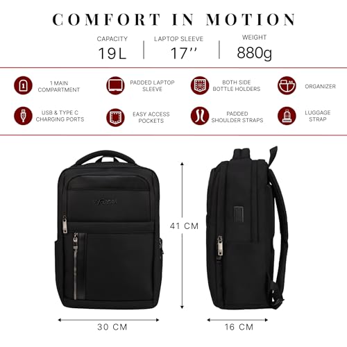Image of F Gear Kenton Black 19L Premium Laptop Backpack | Fits 17 inch Laptop | USB & Type-C Charging Ports | Lightweight with Tablet Sleeve, 3 Compartments & Luggage Strap | Ideal for Office, College & Travel