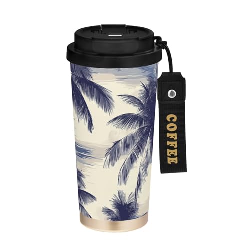 Selerdon 17 oz Insulated Coffee Mug Coconut Palm Trees Blue with Straw and Leak Proof Lid Double Wall Water Bottle Stainless Steel Vacuum Thermal Travel Drinking Cup for Hot/Cold Drink