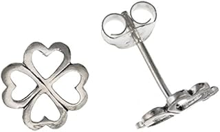 9MM Lucky 4-Leaf Clover/Shamrock Heart Stud Earrings/Pair of Ear Studs - 925 Sterling Silver - Womens/Girls/Kids/Childs/Childrens Earrings for Children