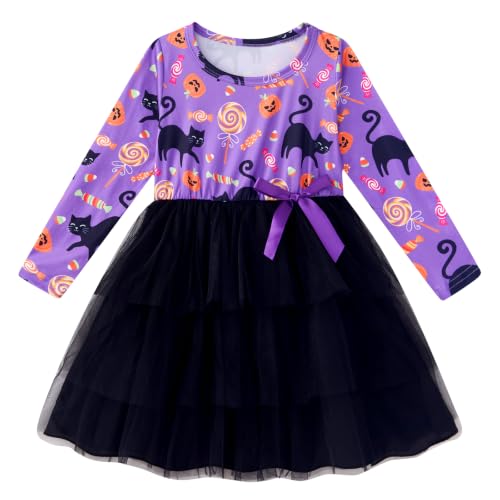 Vieille 5T Halloween Dress for Girls Cat Print Long Sleeve Fall Outfits 6X