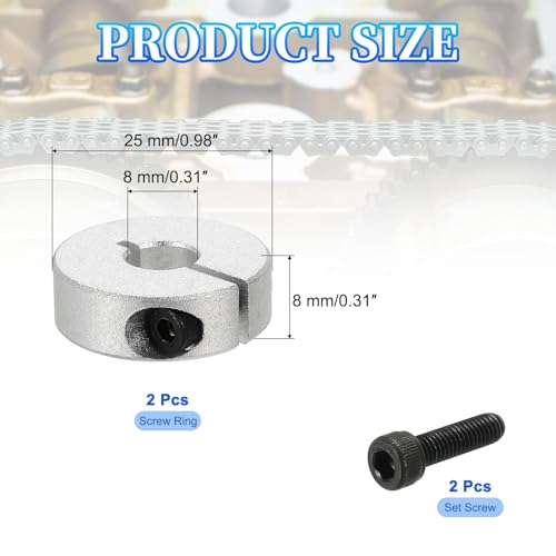 QUARKZMAN 8 mm Bohrung Einzelner Spaltschaftkragen 25 mm Außendurchmesser 8 mm Dicke Aluminiumlegierung Klemmkragen Klemmstil mit Gewindestift & Sechskantschlüssel (Silber, Packung mit 2)