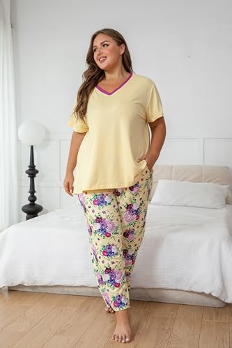Image of Vozanet Women's Pajama Sets Short Sleeve with Long Pant Soft Sleepwear Printed pj Loungewear With TWO Pockets Size 1X to 5X