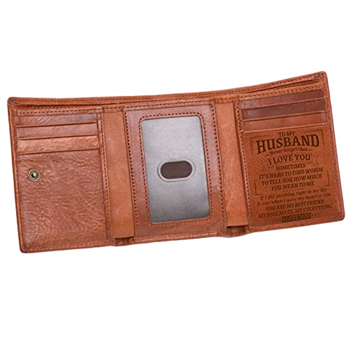 Engraved Trifold Leather Wallet, Men's Leather Wallet with ID Window Card Holder Gift from Dad Mom Wife (To My Husband)
