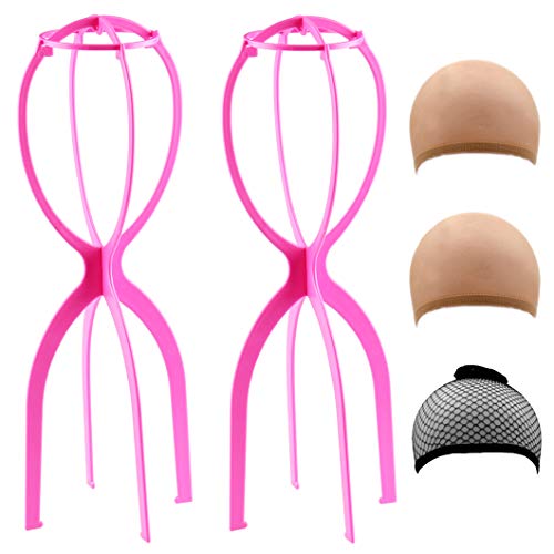 2 Pack Wig Stand for Long Wigs Messen Tall 19.5 Inches Portable Travel Wig Holder Durable Foldable Wig Dryer Stands for All Wigs Hats Display Storage Tool (Rose Red)