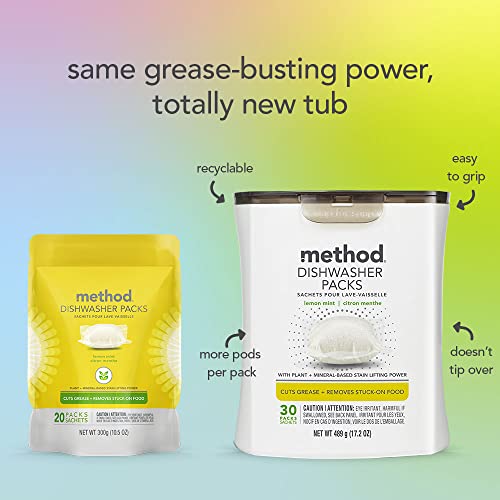Image of Method Dishwasher Detergent Packs, Lemon Mint, Dishwashing Rinse Aid to Lift Tough Grease and Stains, 30 Dishwasher Tabs per Package, (Pack of 4)