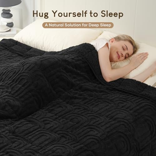 Image of Cottonblue Jacquard Weighted Blanket for Adults 15 lbs Queen Size, Cozy Fluffy Sherpa Fleece Weighted Throw Blankets 60 inch x 80 inch for Sleep Relax, Fuzzy Warm Arch Heavy Blanket Soft for Bed Couch, Black