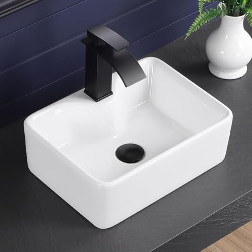 KMOEM Vessel Sink 16"x12" Rectangular Bathroom Sink Modern White Porcelain Ceramic Above Counter Drop-in Vanity Sink for Bathrooms Art Basin with Faucet Hole