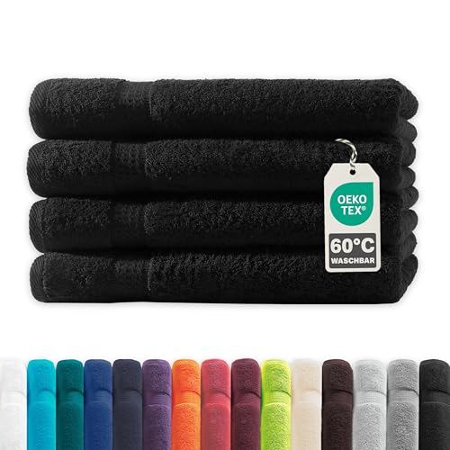 Müskaan 4er Handtuch Set Schwarz 100% Baumwolle 50x100cm 500g/m Öko-Tex Frottee Handtücher Set Baumwolle Handtucherset 50x100cm Handtuchset Schwarz für Bad 60C waschbar Frotteetücher