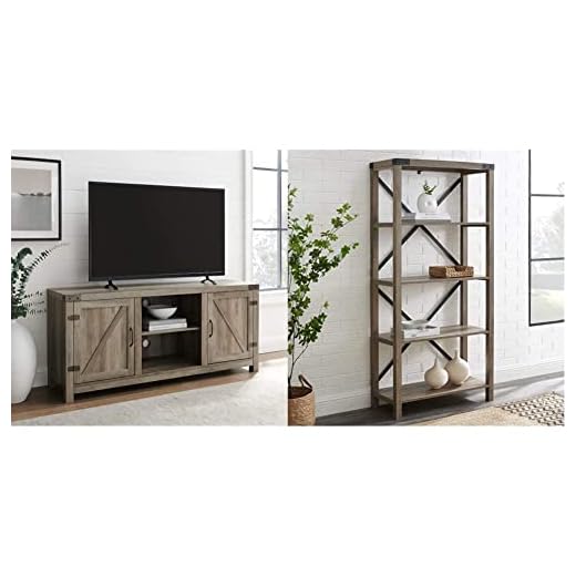 Walker Edison Georgetown Modern Farmhouse Double Barn Door TV Stand for TVs up to 65 Inches, 58 Inch, Grey & Andersen Urban Industrial Metal X Back Bookshelf, 64 Inch, Grey Wash