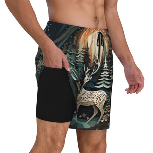 Christmas Deer Built-in Compression Lining Men's Double Swim Trunks Shorts Beach Shorts with Two Pockets3