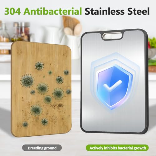 Tabla de cortar de acero inoxidable para cocina, reversible 304 acero inoxidable y paja de trigo, doble cara para picar carne y verduras, regalos de cocina fácil de limpiar miniatura 3