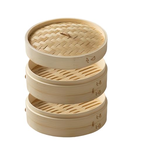 BAVBAV 竹製せいろ 20cm 24cm 2段 3段 蒸籠セット 竹セイロ 深型 中華 和食用蒸し器 蒸し料理対応 竹蒸籠 かごや (2段,外径24cm内径21.5cm)