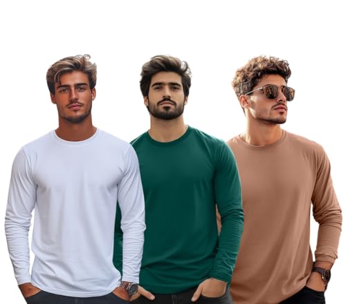 Image of Veirdo Pure Cotton Round Neck Regular Fit Solid Full Sleeve T-Shirt Pack of 3 Combo for Men (Colors: Swanwhite, Green, Navy, Black, Cork, White & Maroon)