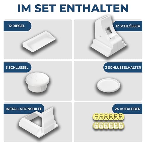 Hoffenbach Magnetische Kindersicherung 12 Schlösser + 3 Schlüssel – Schranksicherung & Schubladensicherung ohne Bohren – Unsichtbarer Magnetverschluss – Weiß