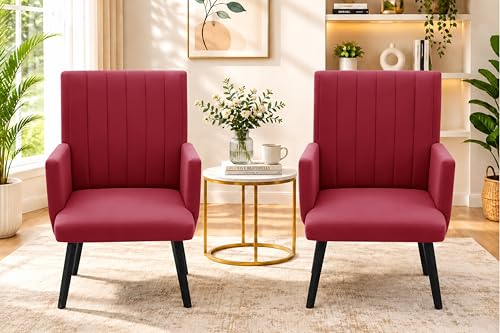 Image of Rosebell Modern Velvet Office Chairs Set of 2 with Armrests & Metal Legs | Upholstered High Back Leisure Chairs for Living Room, Bedroom, Office, Cafe & Dining Room | Red