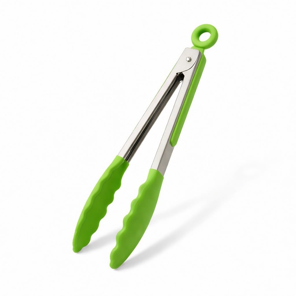 9" Nylon Kitchen Tongs Heat Resistant Non Slip Grips Stainless Steel Locking Serving Tongs for Cooking BBQ Frying Salad Pasta Baking Grilling Food Tong Utensil Dishwasher Safe Easy Control Green