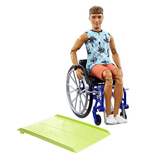 Barbie Ken Fashionistas Doll #195 with Wheelchair and Ramp Wearing Beach Shirt, Orange Shorts and Accessories