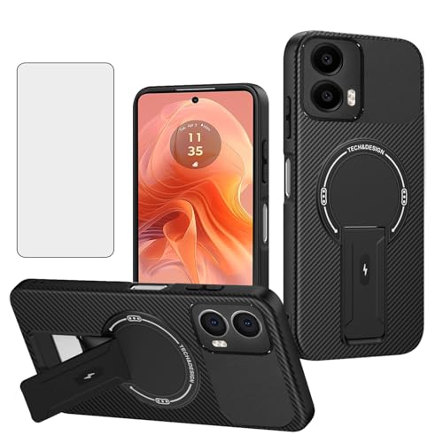 Asuwish Phone Case for Motorola Moto G04/G04s/G24/E14 4G Magnetic Carbon Fiber Cover with Tempered Glass Screen Protector and Kickstand Protective Cell Accessories GO4 G 04 04s 24 E 14 Women Black