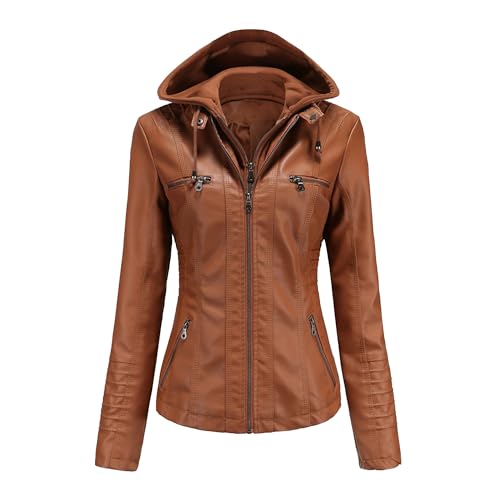 OULIWANGLUO Damen Reverskragen Leichte Lederjacke Slim Sexy Kunstlederjacke Casual Frühling Herbst Bikerjacke mit Kapuze (Braun,L)
