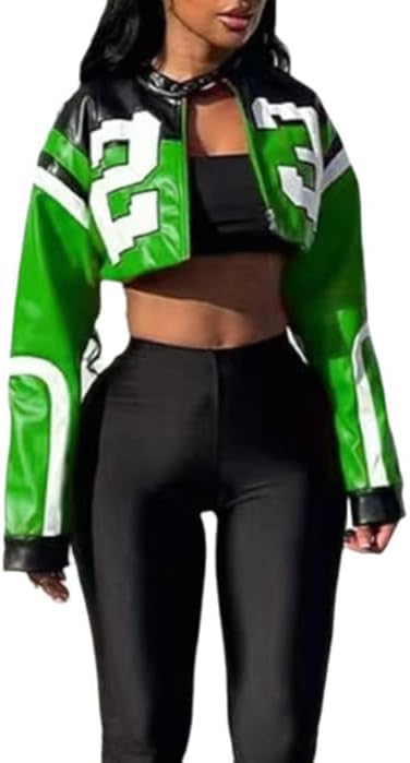 VOIKERDR Leather Jacket Cropped Jacket Motorcycle Jacket Y2K Letter Bomber Jacket Women Faux Leather Jacket Streetwear
