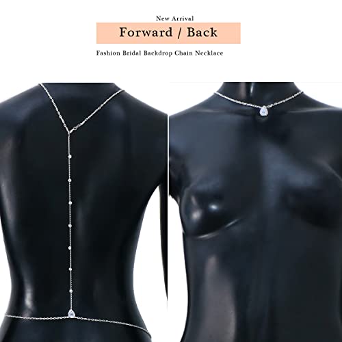 Xsbody Crystal Wedding Backdrop Necklace For Women Bridal Long Cubic Zirconia Dainty Back Necklace Body Chain Jewelry Festival Prom Gift (Silver) #TOP4