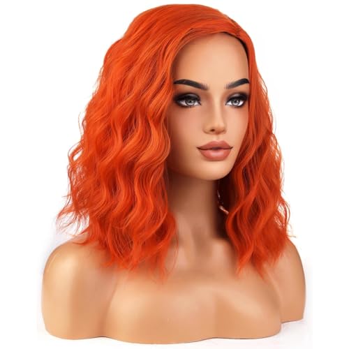 Image of BERON Reddish Orange Wigs for Women Short Curly Wavy Wig Girls Mixed Orange Color Body Heat Resistant Synthetic Hair Wig for Costume Cosplay Party or Daily Use