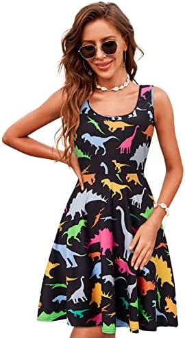 uideazone Ladies' Dinosaur Graphics Sleeveless Dress Summer Casual Flared Midi Halter Sundress for Beach