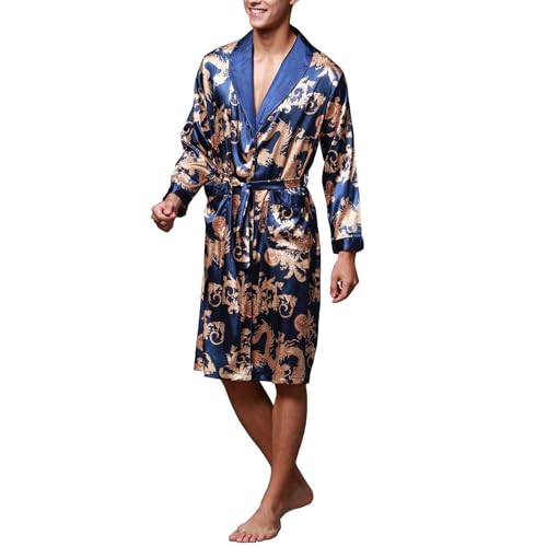 Men's Long Sleeve Robe Satin Pjs Long Summer Luxury Bathrobe Spring Lightweight Cool Knee Length Pajamas2