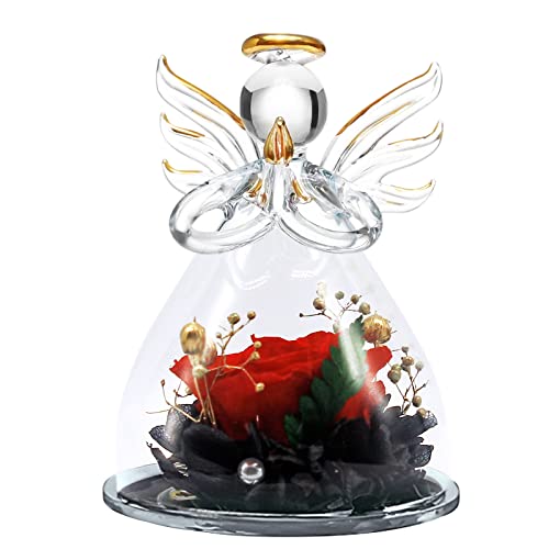 Hakiwina Geschenk für Mama Oma, Ewige Rose in Glaskuppel Engel Figur Handgefertigte Konservierte Blume, Geschenkideen Muttertag Geburtstag Jahrestag Weihnachten für Mutter Oma Mädchen Frauen (Rot) Cover
