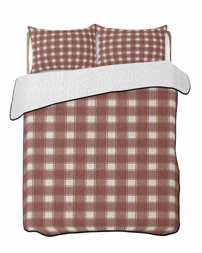 Quilts Twin Size Bedding Set, Brown White Checkered Lightweight Quilted