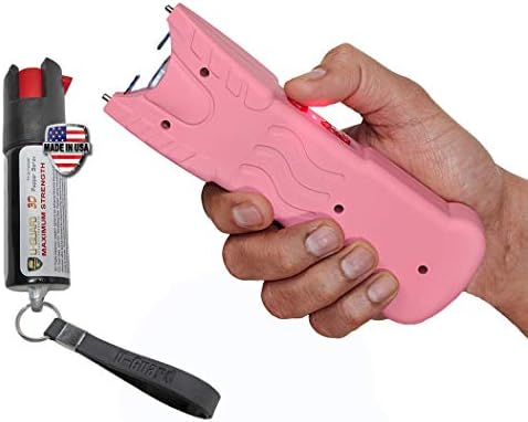 Police Stun Gun Heavy Duty With Flashlight Combo Pepper Spray Keychain Defense Kit. (1) High Volt Rechargeable Stun Gun (1) 1/2oz OC Pepper Spray CS Tear Gas & UV Dye Formula Made In USA (Pink)