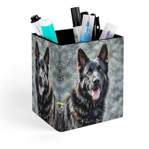 YHNNH Portalápices cuadrado de piel con estampado de perro pastor alemán negro para escritorio y organizador de oficina y hogar