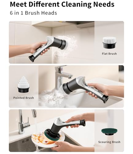 Image of Electric Spin Scrubber, Cordless Household Cleaning Brush with 6 Replaceable Heads, 3 Speeds, LED Display, Lightweight Handheld Power Scrubber for Cleaning Stove /Bowl /Sink /Corner /Tile /Grout-Black