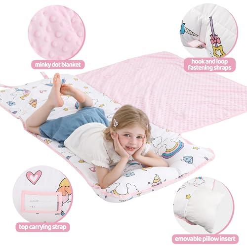 Image of Viviland Toddler Kid Nap Mat for Preschool, White Unicorn Slumber Bag, Daycare Bag with Pillow and Blanket, Kindergarten Mat
