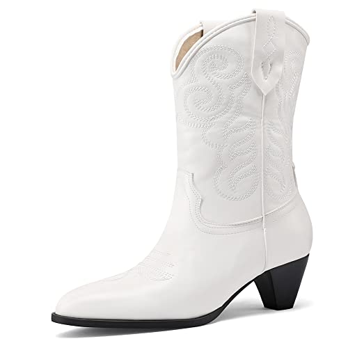 Image of Womens Embroidered Cowgirl Boots Pull On Cowboy Boots for Women Floral Low Chunky Heel Western Boots