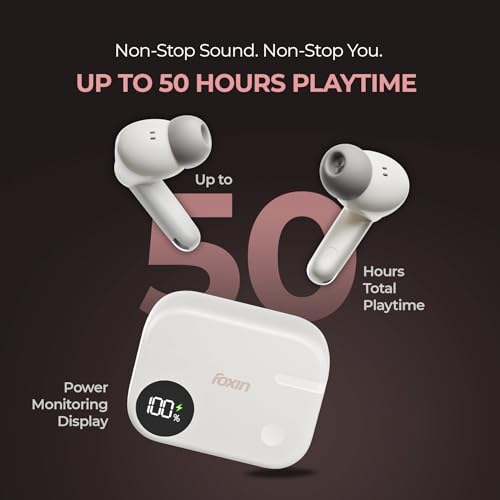 Image of Foxin FoxBuds F1 ANC True Wireless Bluetooth Earbuds Upto 30dB ANC, 50Hrs Playtime, Dual Pairing, Quad Mic ENC, 13mm Bass Driver, 40ms Low Latency, Digital Display, Gaming Mode, BT 5.4 (Dune Beige)