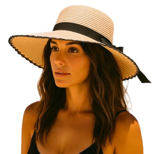 Chapéu de Praia Feminino Aba Grande Laço Elegante Proteção Solar UV Dobrável