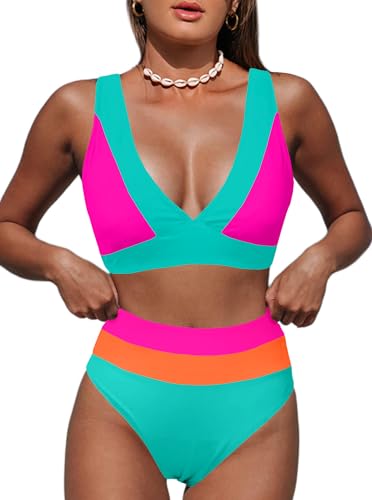 Image of Hilinker Women's Leopard Bikini Swimsuits V Neck High Waisted 2 Piece Bathing Suits