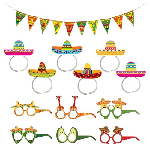 NYGGTYK 6 Piezas De Banda para Sombrero Mexicano, 6 Piezas De Gafas Mexicanas, 1 Pieza De Bandera Triangular, Accesorios De Fotos Divertidos, Decoraciones De Fiestas Mexicanas