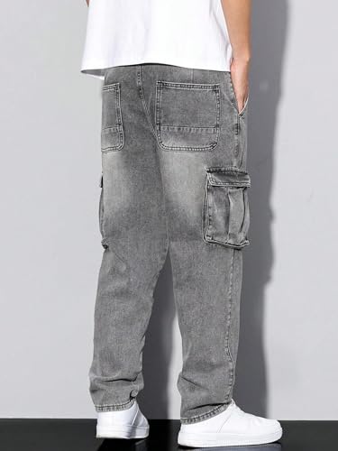 Image of JMIERR Men's Elastic Waist Cargo Jeans Stretch Denim Pants with Drawstring Relaxed Fit for Casual Daily Wear