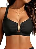 V Wired Bikini Top Only - Vintage Swim Top Padded Bra Swimsuits, Black, Large