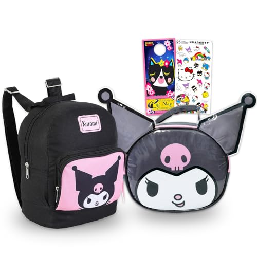 SANRIO Mini mochila Kuromi com lancheira para meninas – Pacote com mochila escolar de 25,4 cm, lancheira, adesivos e mais | Material escolar Kuromi para crianças