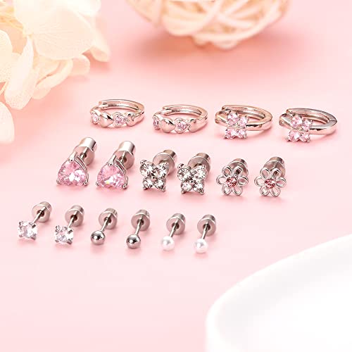 Florideco 8Pairs Hypoallergenic Screwback Earrings For Women Stainless Steel Tiny Pearl Butterfly Flower Stud Earrings Cz Screw Back Earrings Set Heart Cute Hoop Earrings #TOP2