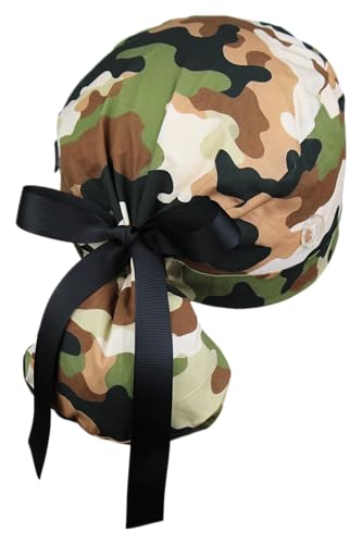 Image of Scrub Cap for Women and Men, Ponytail Scrub Caps, Working Hat, Head Cover with Ribbon Ties and Buttons, Long Hair