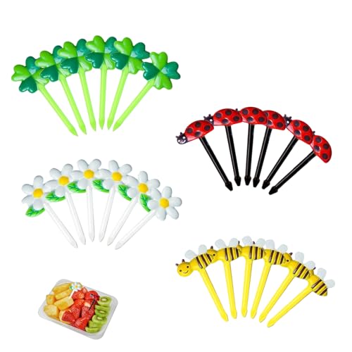 24 Stk Piekser Fingerfood Kinder,Obstgabeln Kinder,Food Picks,Brotdosen Zubehör,Bento Box Zubehör,Mini Sonnenblume Marienkäfer Obstgabeln,Obst Zahnstocher,Kunststoff Spieße für Party,Geburtstagsfeier